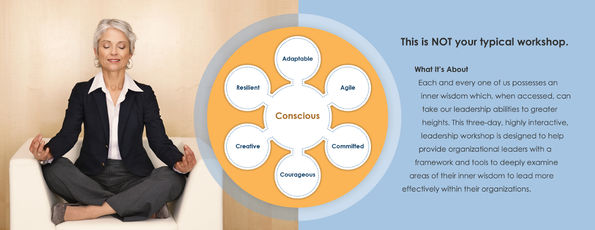 Each and every one of us possesses an inner wisdom which, when accessed, can take our leadership abilities to greater heights. This three-day, highly interactive, participant driven leadership workshop is designed to help provide organizational leaders with a framework, wisdom and tools to deeply examine areas of their inner wisdom to lead more effectively within their organizations.